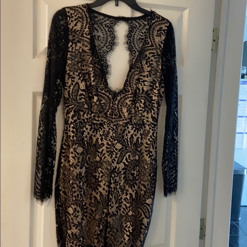Lace black over tan dress